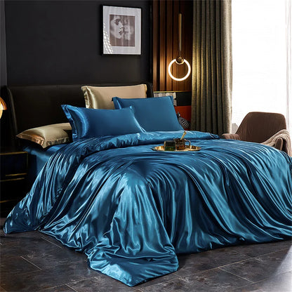 Solid Silk Bedding Set with Duvet Cover Bed Sheet Pillowcases Luxury Satin Single Double Bedsheet King Queen Twin Size.