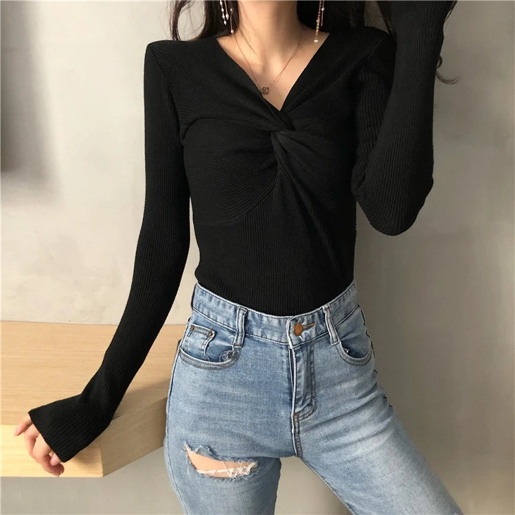 Herbst Winter Dünne Gestrickte Hemd Frauen Pullover Pullover Tops Weibliche Lange Hülse Elastische V-ausschnitt Dünne Pullover Stricken Shirts.