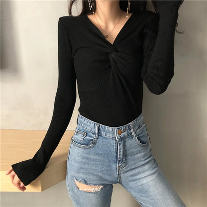 Herbst Winter Dünne Gestrickte Hemd Frauen Pullover Pullover Tops Weibliche Lange Hülse Elastische V-ausschnitt Dünne Pullover Stricken Shirts.