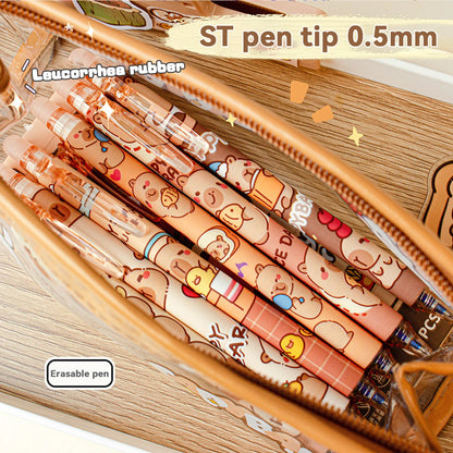 Capybara löschbare Stifte, 6 Stück, nachfüllbare Tinte, Gelstift, wischfrei, niedliches Tier, Schulbedarf für Studenten, Büro, Schreibwaren, Geschenke.