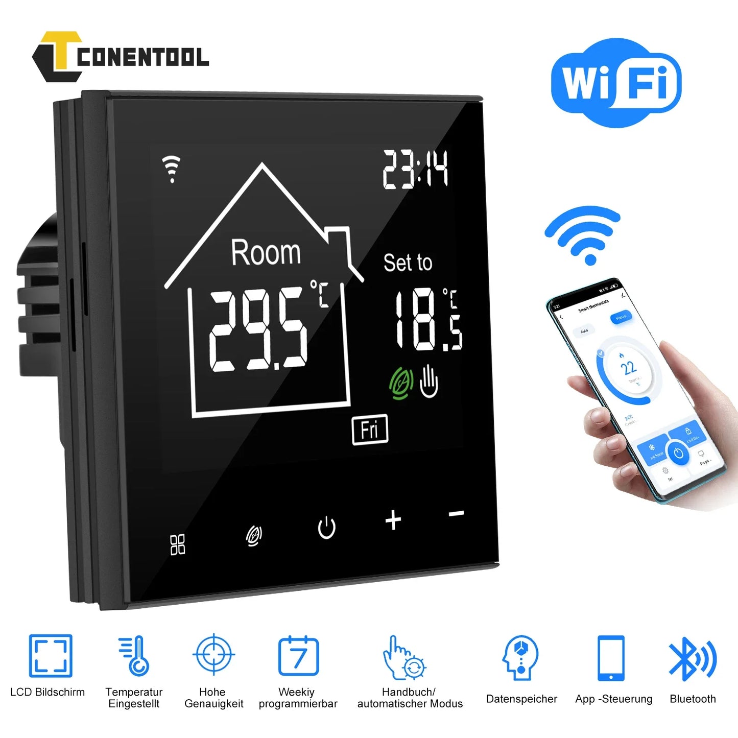 CONENTOOL WiFi Electric Thermostat 16A Floor Heating Smart Home with Alexa Tuya Google Digital Temperature Controller App Remote.