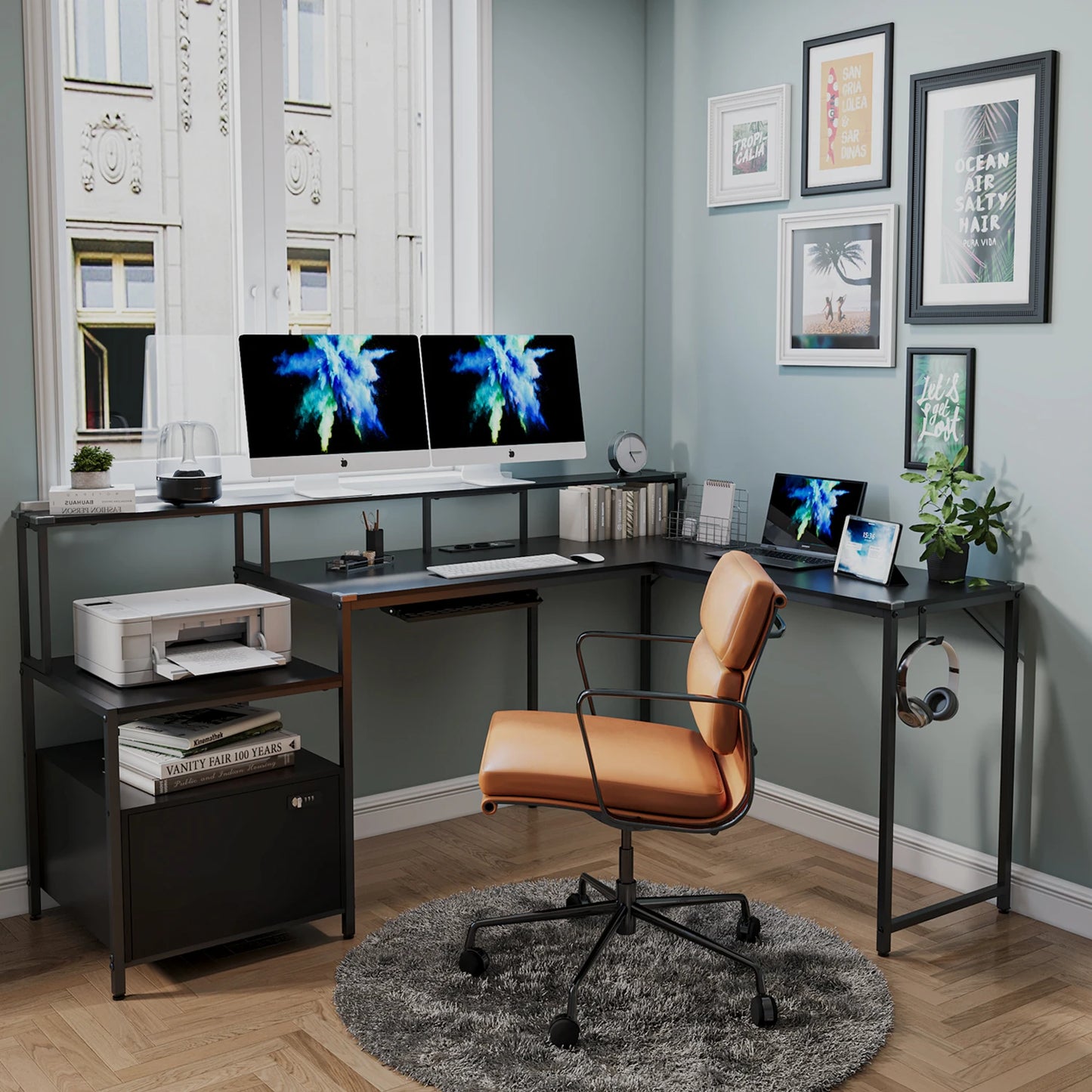 Devoko Eckschreibtisch 168×120cm, L-Schreibtisch mit Stauraum, Eckschreibtisch Schublade mit Steckdose und USB-Ladeport