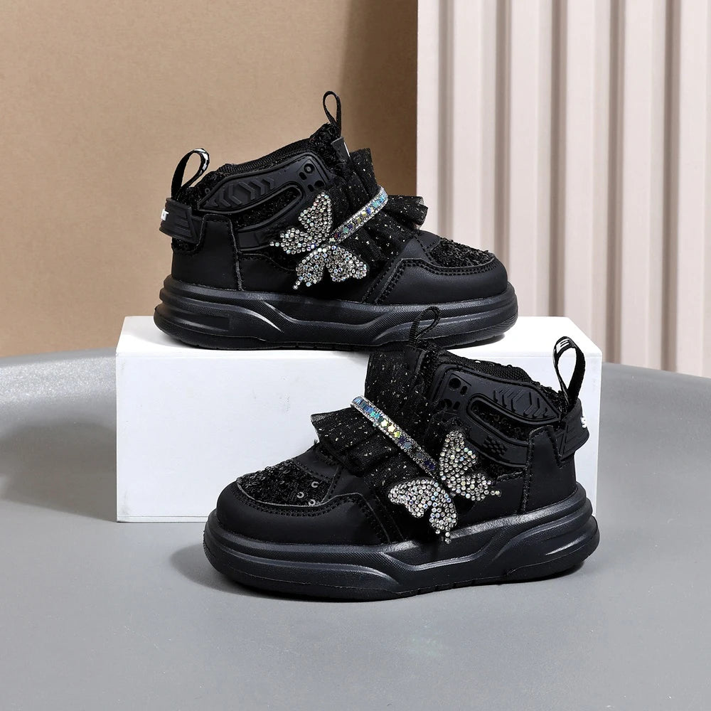 2025 New Autumn Children Shoes Leather Toddler Kids Sport Shoes Bling Bling Cute Butterfly Soft Sole Fashion Girls Sneakers.