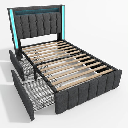 KOMHTOM Polsterbett Einzelbett Jugendbett 90x200 cm Grau - USB Typ C Ladefunktion, LED-Beleuchtung, 2 Schubladen, ohne Matratze