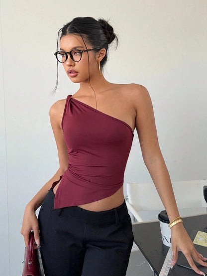 Women's Sexy One Shoulder Asymmetry Hem Crop Top Shoulder Knot Desigh Backless Slim Fit Cami Top streetwear 2025 Summer.
