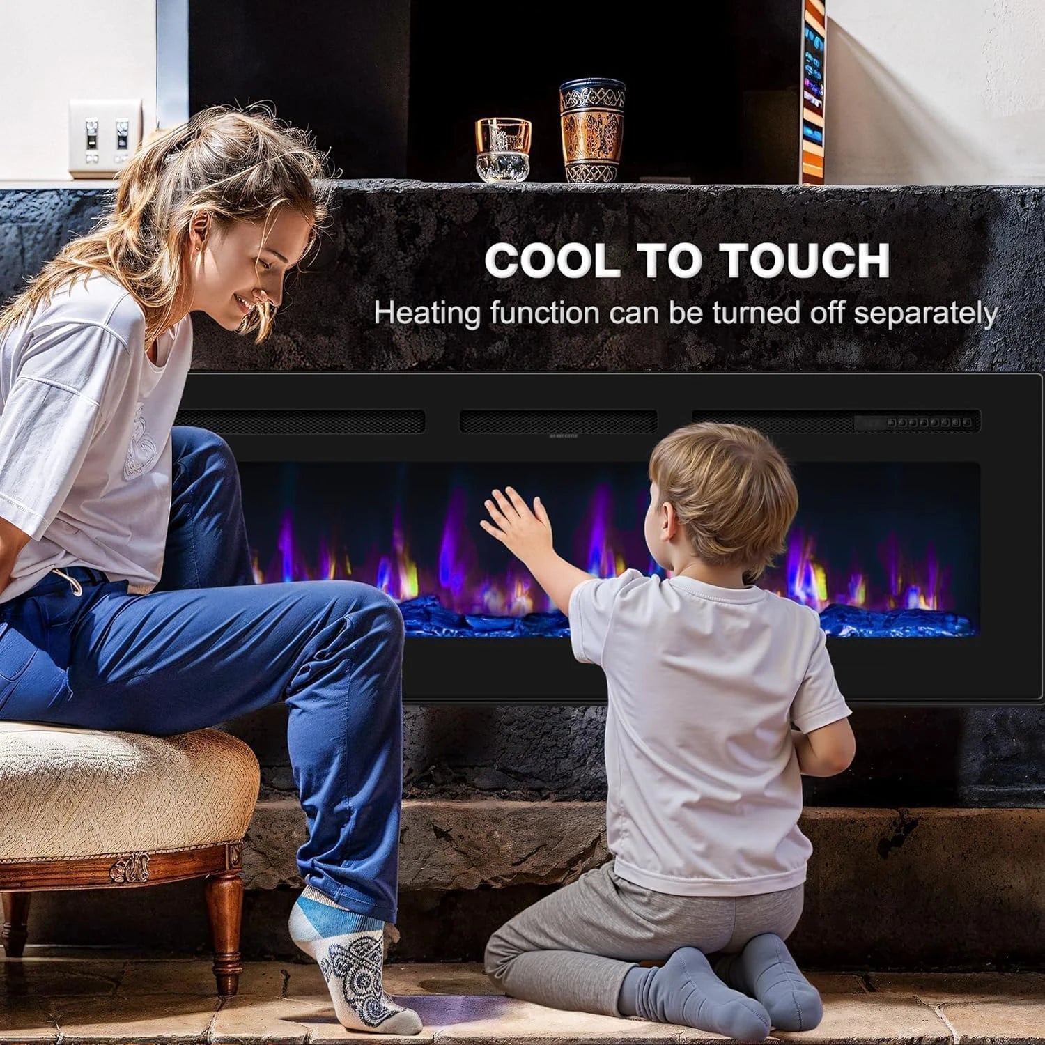 40/50/60inch Wall-Mounted Electric Fireplace, 220V 1500W, Two Levels Of Heating, 3D 12LED Color Modes and Realistic Flame Effect.