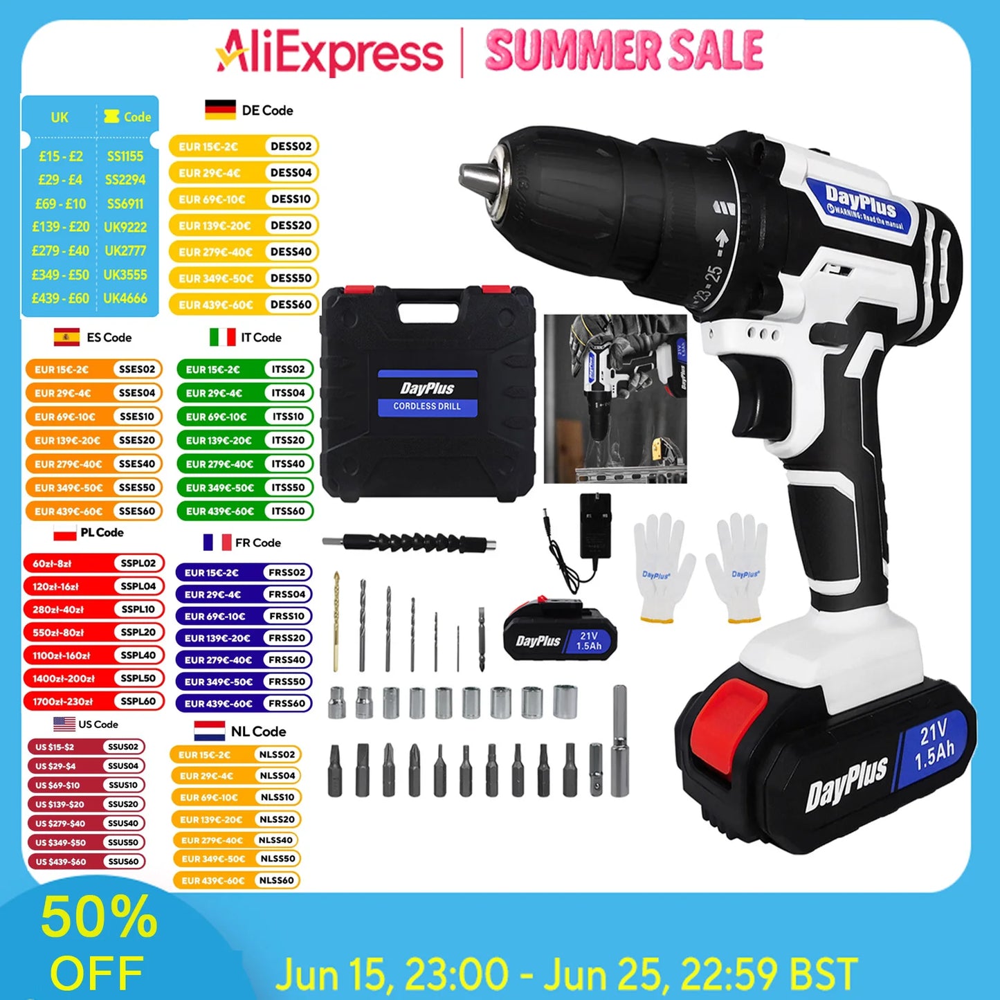 Tragbarer 21-V-Akku-Bohrschrauber-Set, Schlagschrauber mit 1500 mAh Li-Ion-Akku, 25 + 1 Drehmomenteinstellung, 45 Nm