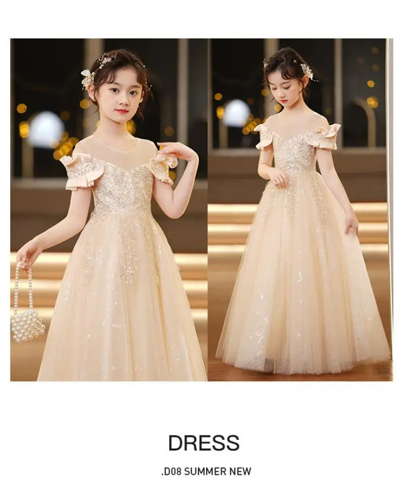 Neue Jugend Mädchen Prinzessin Mesh Kleid Hochzeit Blumen mädchen Kleid Schul wettbewerb Klavier lange Leistung Kleid für 3-12 Jahre.