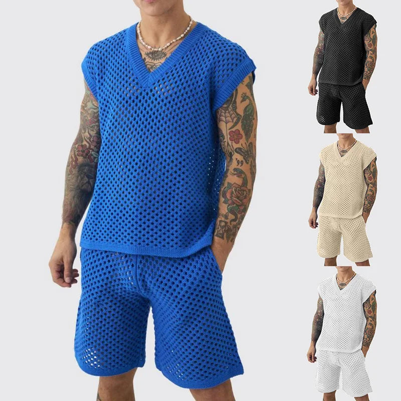 New Men's Summer Casual Knit V Neck Two-piece Sets Fashion Solid Loose Tank Tops and Shorts Sport Suit Men Hollow Out Streetwear.
