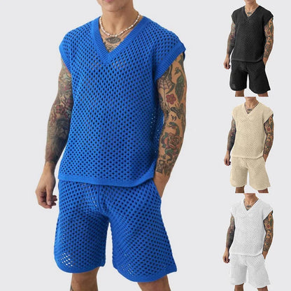 New Men's Summer Casual Knit V Neck Two-piece Sets Fashion Solid Loose Tank Tops and Shorts Sport Suit Men Hollow Out Streetwear.