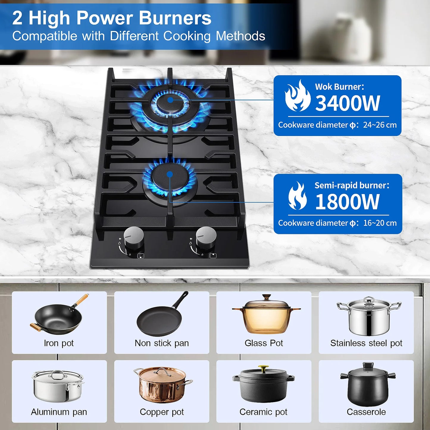 EU Certified 2 Burner Gas Hob 30cm Tempered Glass | Built-in w/Cast Iron Rack Dual Fuel (NG/LPG) 5200W Flame Failure Black.