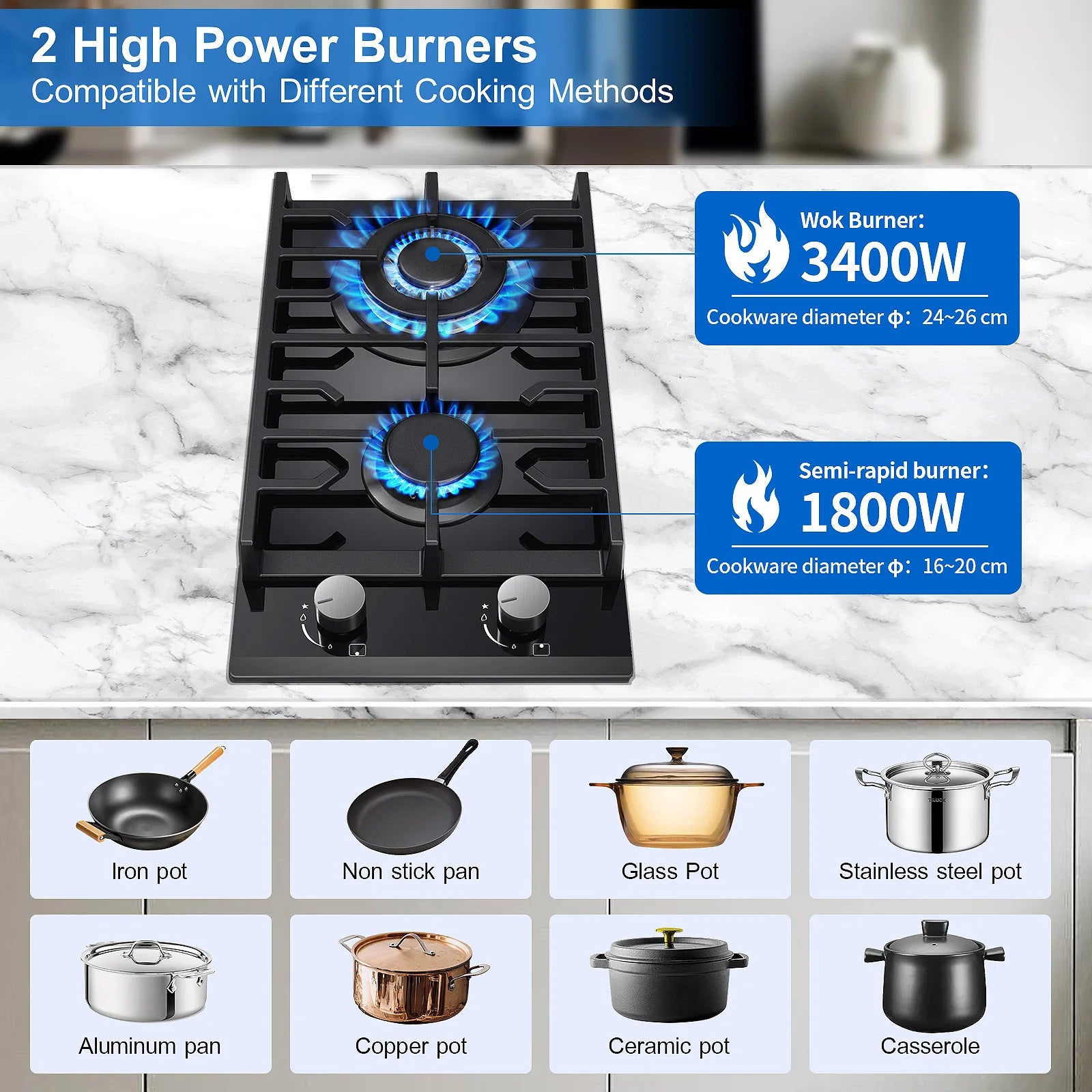 EU Certified 2 Burner Gas Hob 30cm Tempered Glass | Built-in w/Cast Iron Rack Dual Fuel (NG/LPG) 5200W Flame Failure Black.