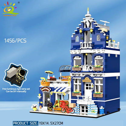 HUIQIBAO Toys MOC City Corner Coffee Shop Architecture Style Street View Micro Building Blocks for Children Construction Bricks.