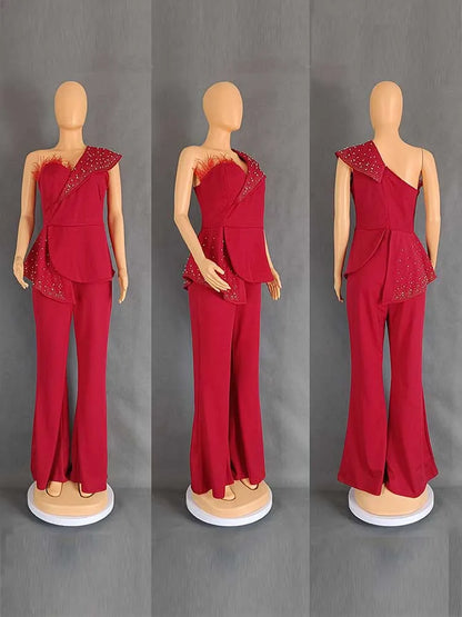 High Waist Strapless Jumpsuit Rivet Collar Lady Evening and Party Tube Top Jumpsuit for Women Elegant Sexy Birthday Jumpsuit.