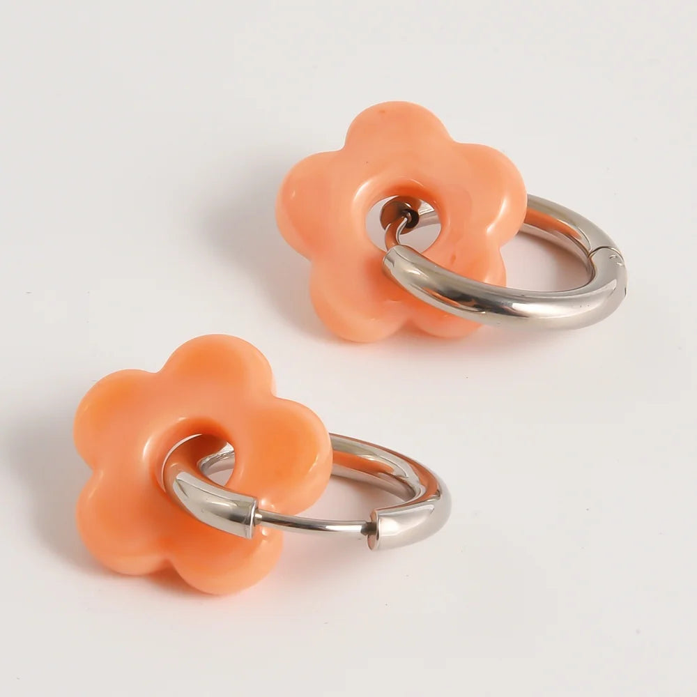 Colorful Flower Glass Drop Charms Earring Gold Color Circle Ear Buckle Hoops Stainless Steel Earrings Fashion Jewelry for Women.