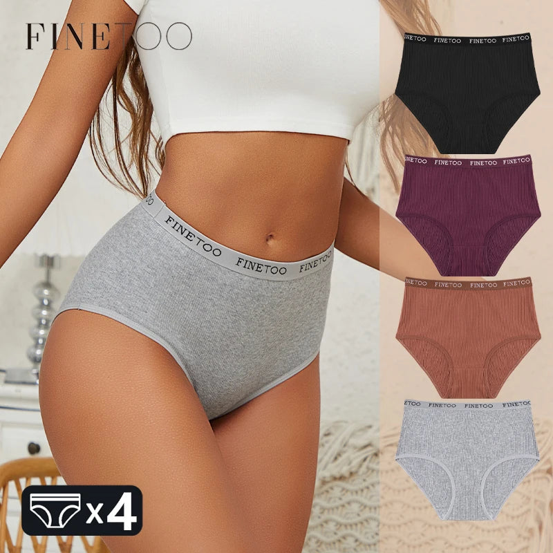 4Pcs/Set Women's Ribbed Striped Cotton Briefs Plus Size Panties Lady High Waist Breathable Underwear Solid Lingerie Shorts S-XXL.