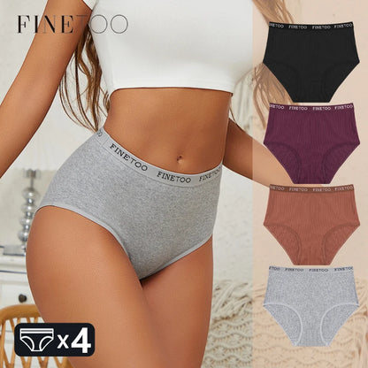 4Pcs/Set Women's Ribbed Striped Cotton Briefs Plus Size Panties Lady High Waist Breathable Underwear Solid Lingerie Shorts S-XXL.