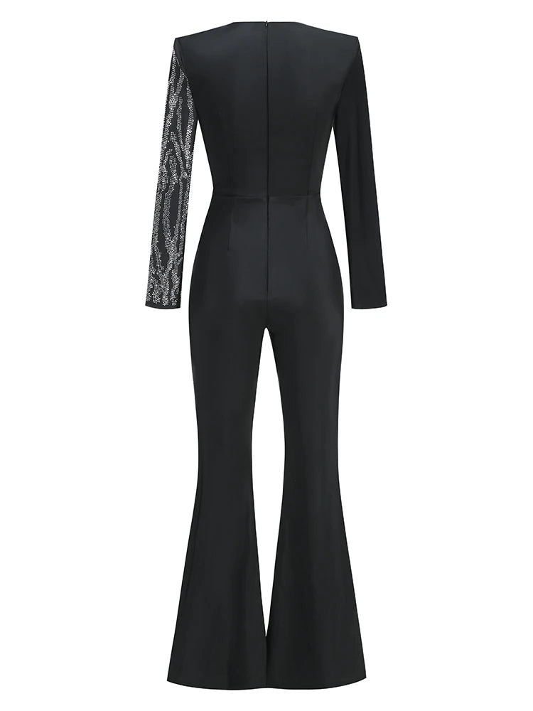 Sexy Deep V Neck Sparkly Diamonds Design Jumpsuit Women Long Sleeve Draped Wide Leg Jumpsuit Elegant Evening Club Costume Runway.