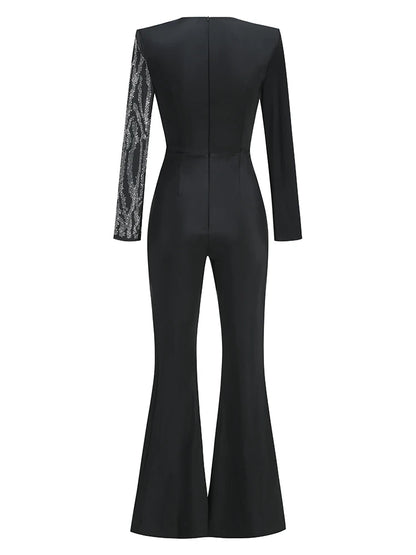 Sexy Deep V Neck Sparkly Diamonds Design Jumpsuit Women Long Sleeve Draped Wide Leg Jumpsuit Elegant Evening Club Costume Runway.
