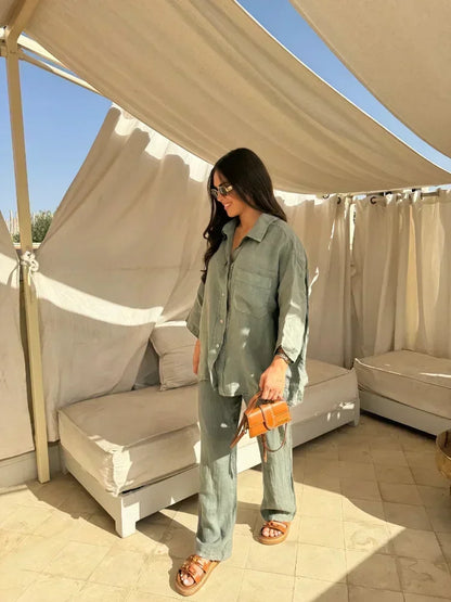 Women Vintage Solid Loose Pants Suit Lapel Single Breasted Long Sleeve Shirt Wide Leg Pants 2 Pcs Set 2025 New Ladies Streetwear.