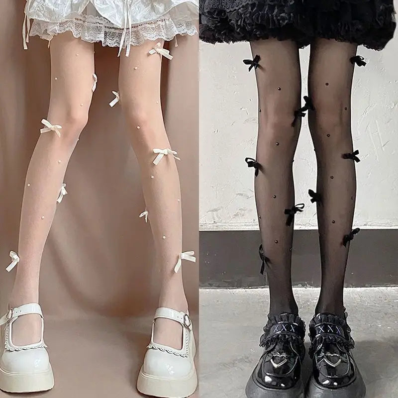 Lolita Pink Velvet Bow Embroidery Pearl Tights Pantyhose Fashion Women Tights JK Lolita Styles Sweet Girls Kawaii Cute Stocking.
