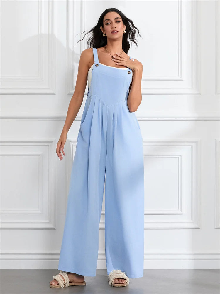 Women Fashion Jumpsuits Sleeveless Buttons Suspender Wide Leg Pant Overalls with Pockets Casual Loose Romper Streetwear.