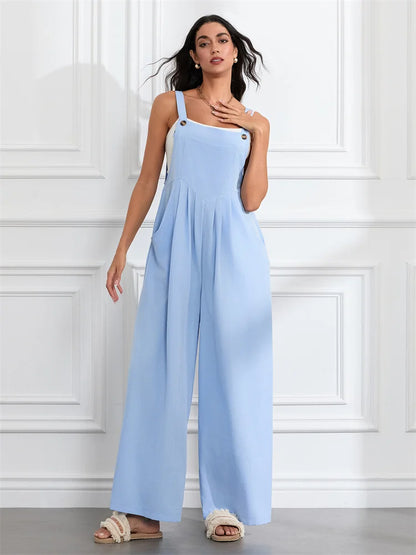 Women Fashion Jumpsuits Sleeveless Buttons Suspender Wide Leg Pant Overalls with Pockets Casual Loose Romper Streetwear.
