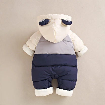 Winter Neue Baby Strampler Jungen Mädchen Patchwork Dicke Plus Samt Overalls Winddicht Mit Kapuze Overalls Schneeanzug Ein Stück Body.