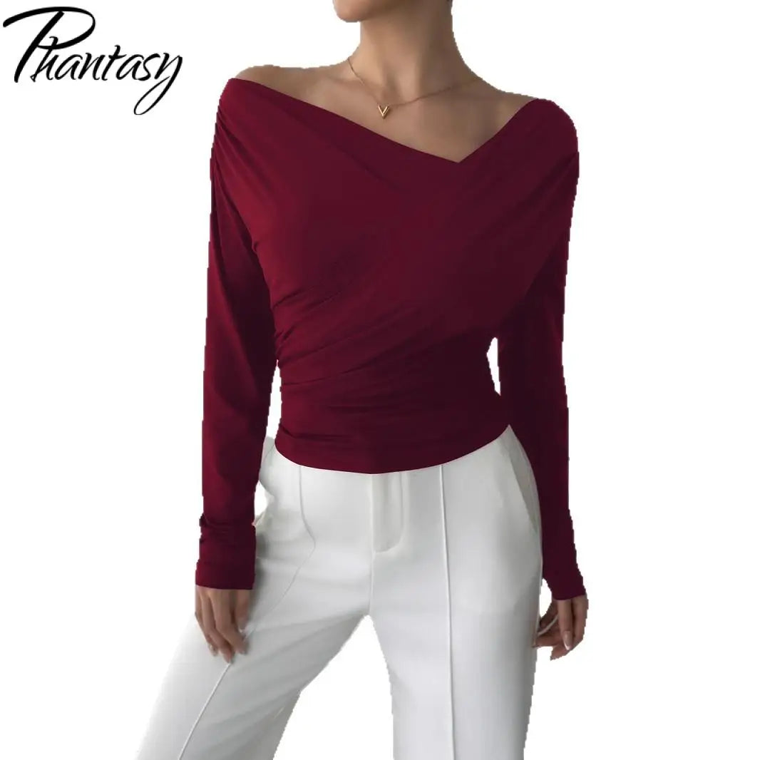 Phantasy New Solid Color Top Fashion Slant Shoulder Collar Shoulder Slimming Long Sleeve Commuter Top Vestido Elegant Tops.