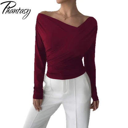 Phantasy New Solid Color Top Fashion Slant Shoulder Collar Shoulder Slimming Long Sleeve Commuter Top Vestido Elegant Tops.