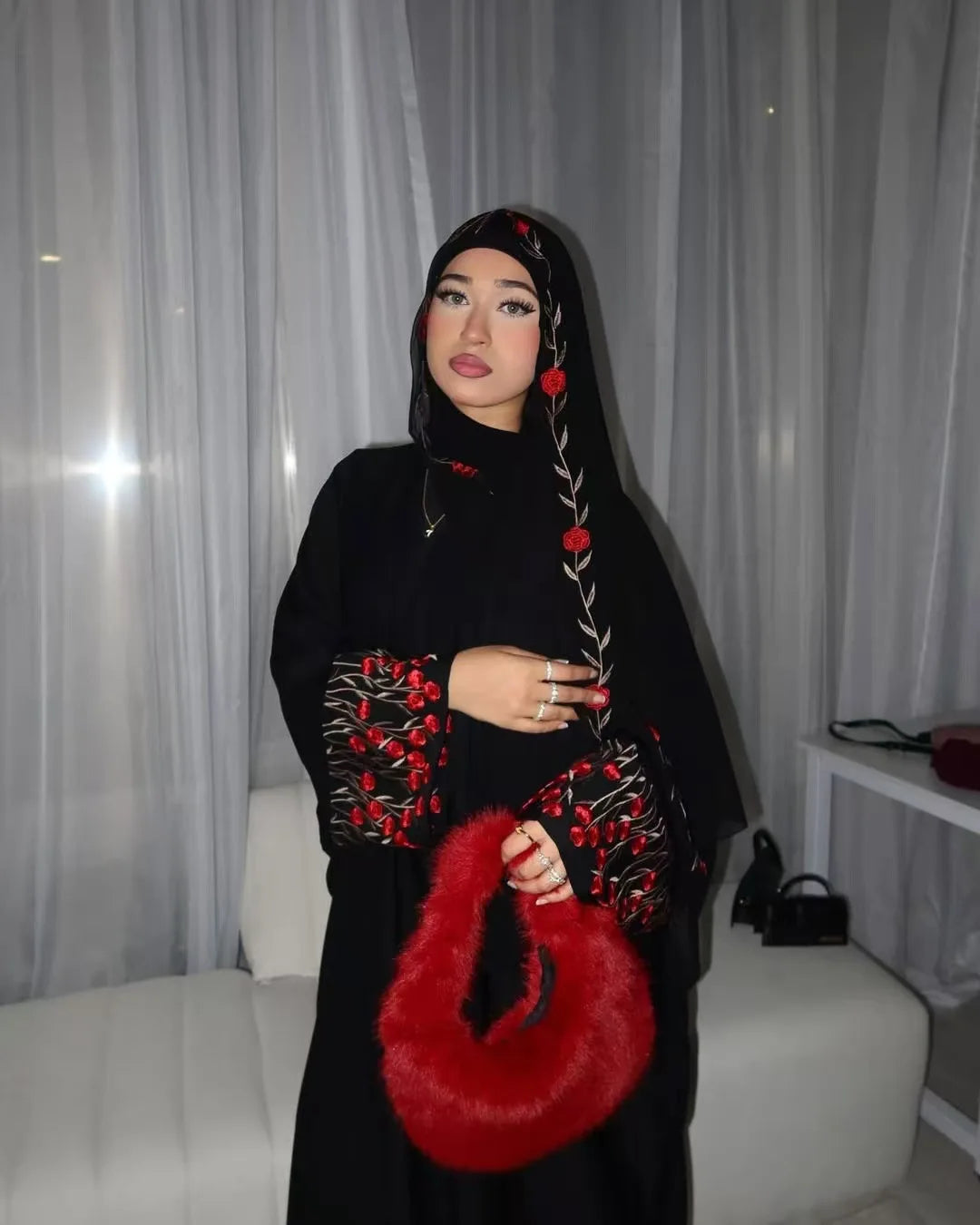 Islamic Clothes Black Flower Embroidery Abayas for Women Dubai Cardigan Muslim Saudi Open Abaya Kimono Luxury Hijab Dress Kaftan.