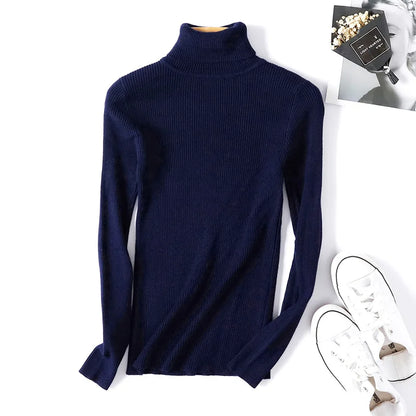 Neue Herbst Winter Frauen Gestrickte Rollkragenpullover Casual Weiche Polo-neck Jumper Mode Schlanke Elastizität Solide Rippen Pullover.