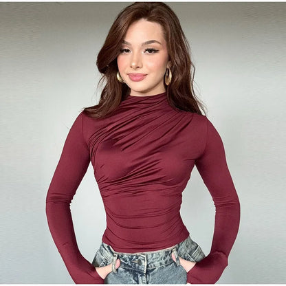 Gtpdpllt Women Tees Sexy Turtleneck Long Sleeve Pleated Basic Women's T-shirts 2025 Spring Autumn Fashion Chic Female Streetwear