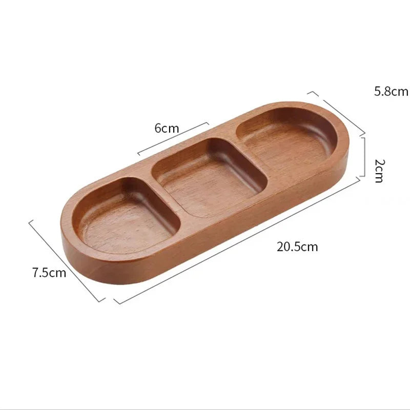 Solid Wood Rectangle Tray 2/3 Grid Condiment Plate Breakfast Sushi Bread Dessert Sauce Plate Kitchen Dinner Seasoning Dish.