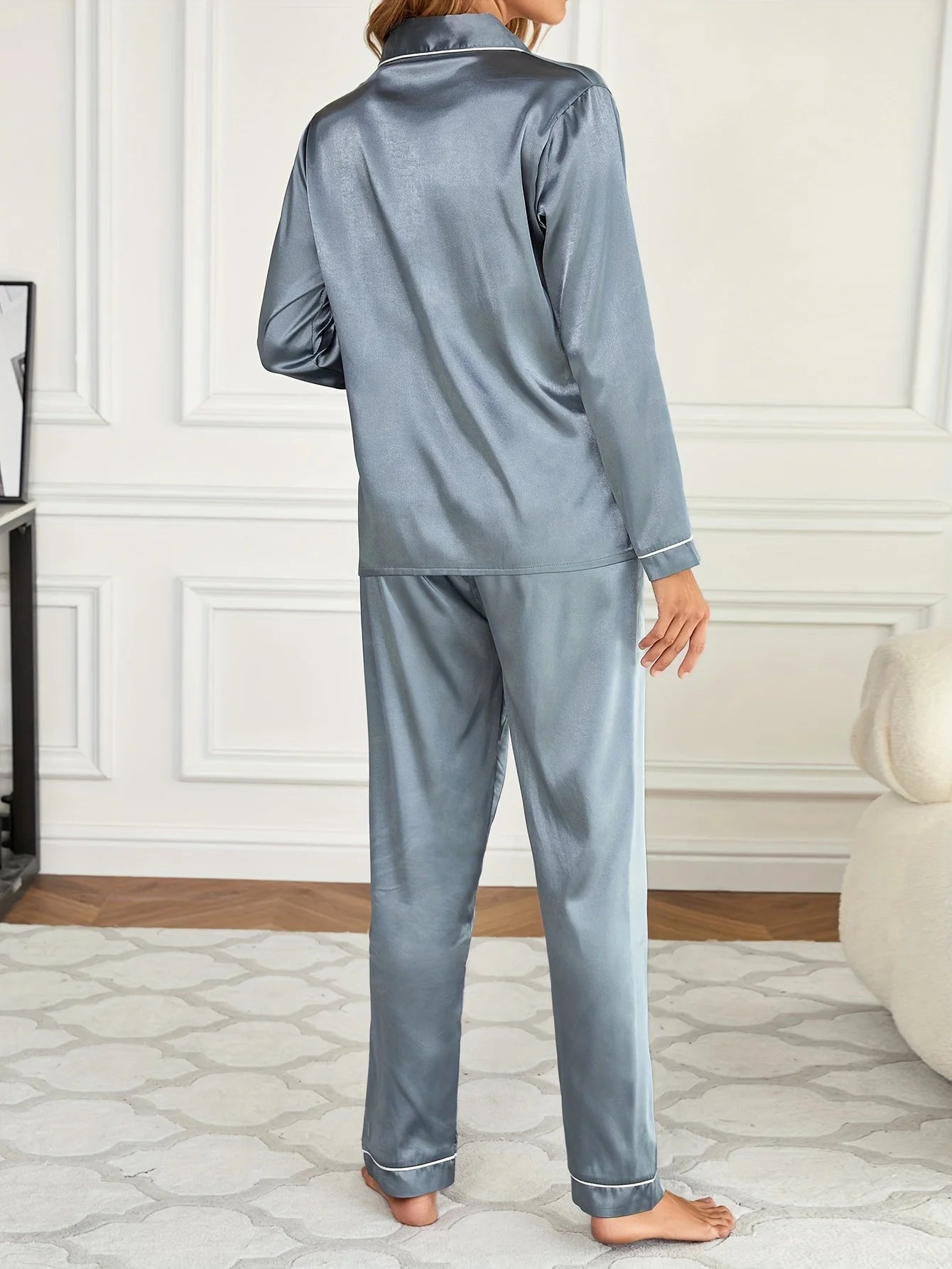 Solides Pyjama-Set mit langen Ärmeln, Knopfleiste, Revers, Oberteil und Hose, Pyjama-Set, Damen-Nachtwäsche und Loungewear.