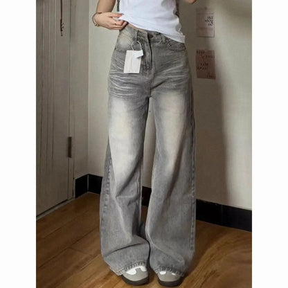 Vintage Wide-Leg Jeans Grey American Style Straight-Leg Casual Pants For Women Loose Fit Draped Spring Autumn 2024 New Arrival.