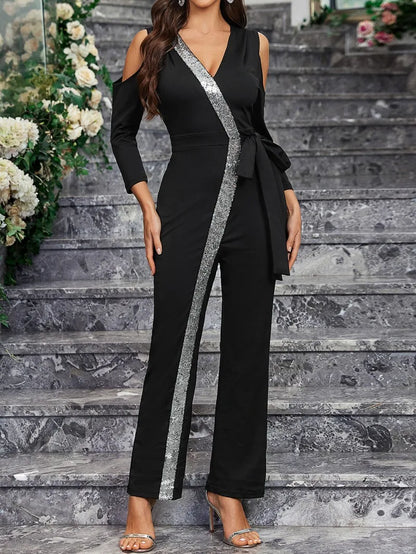 2025 Elegant Spring Summer Women Corset Jumpsuit Overalls Sexy Long Sleeve V Neck Sequins Straight Trousers Romper Onepieces.