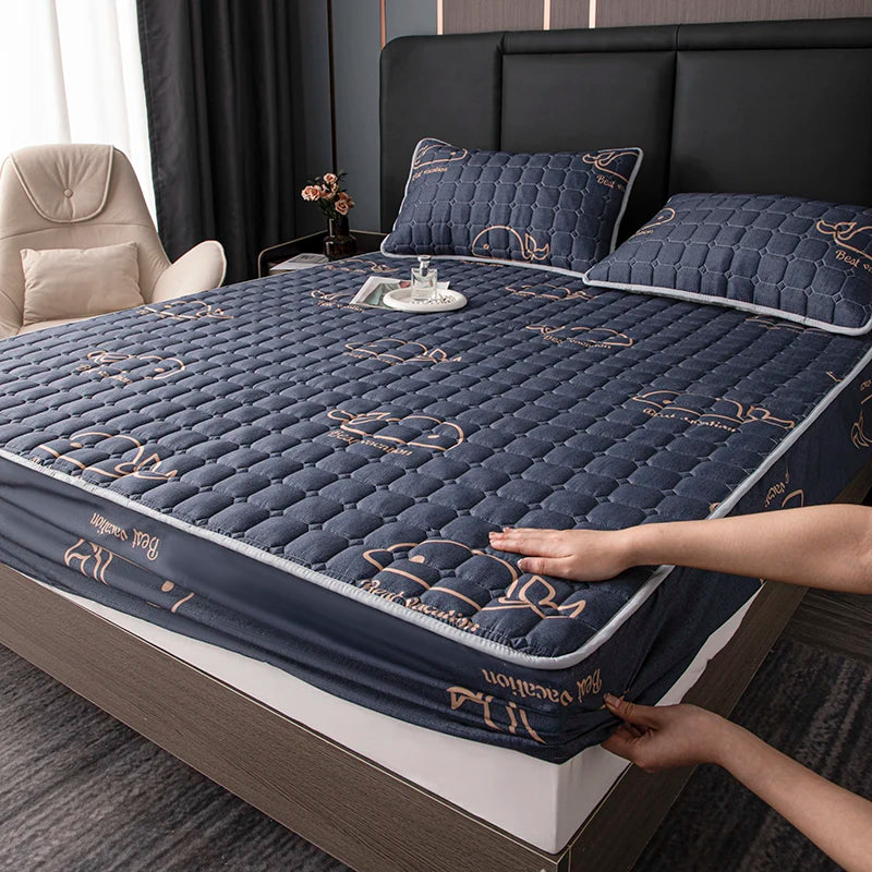 Bonenjoy Printed Bed Cover Simple Style Bedspread Quilted Bed Linen Home Non-slip Mattress Protector 매트리스 커버 (No Pillowcase).