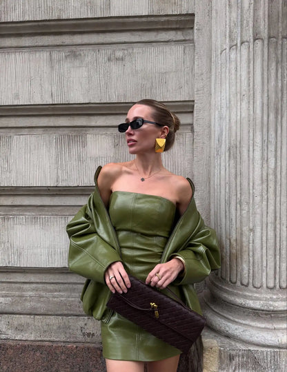 Chic Stand Collar Leather Long Skirt Sets Women Long Sleeve Jackets Spliced Solid Skirts 2025 Autumn Lady Y2k Outfits dress