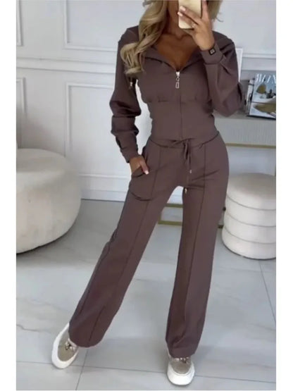 Autumn And Winter Hooded Zipper Jacket Tight Solid Color Two-piece Sets Women Fashion Casual New Wide Leg Pants 2 Piece Set.