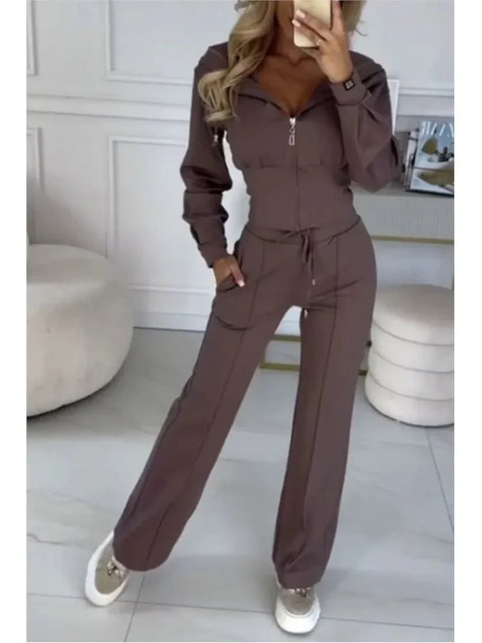 Autumn And Winter Hooded Zipper Jacket Tight Solid Color Two-piece Sets Women Fashion Casual New Wide Leg Pants 2 Piece Set.