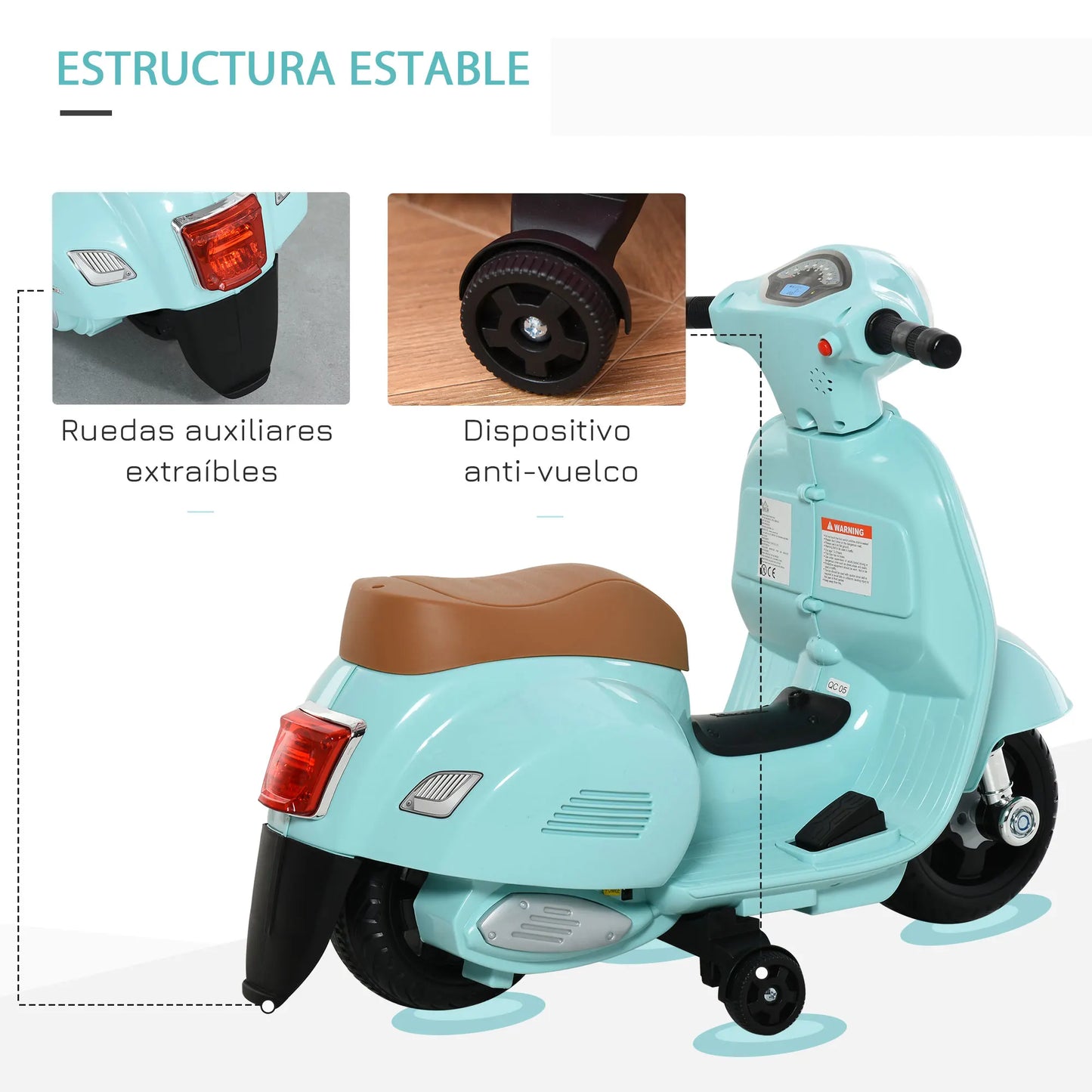 Homcom Vespa Electric Motorcycle for Children 18-36 Months with Headlight Horn 66.5X38X52Cm.