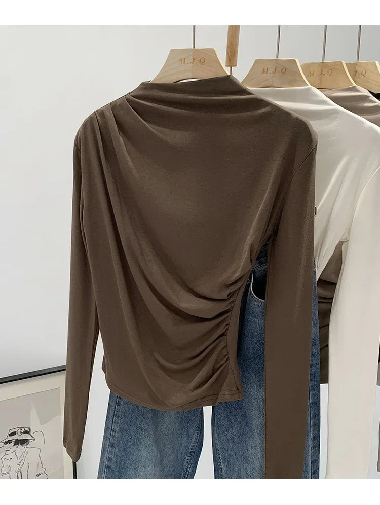 Early Autumn Pure Color High Neck Pleated Slim Fit Sexy Base Shirt Women's Fashionable Crew Neck T-shirt Full Sleeve China Origi.