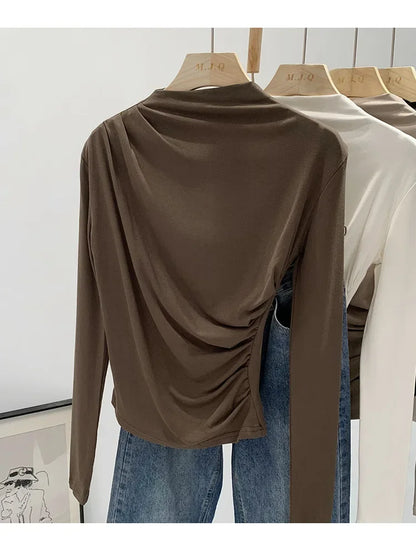 Early Autumn Pure Color High Neck Pleated Slim Fit Sexy Base Shirt Women's Fashionable Crew Neck T-shirt Full Sleeve China Origi.