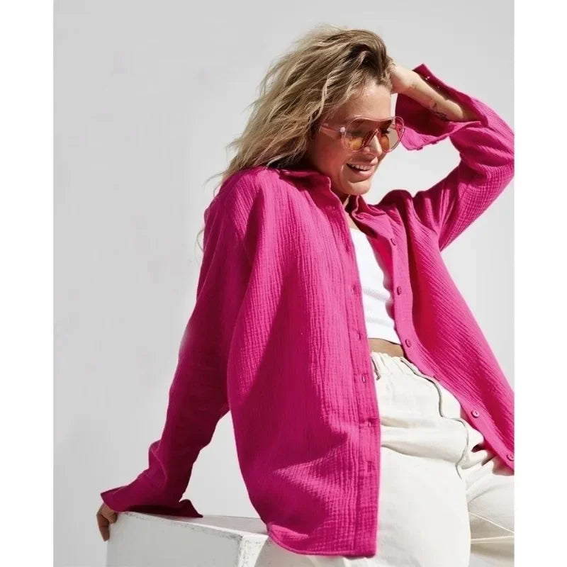 Muslin 100% Cotton Gauze Crepe For Women Shirts Blouse Turn Down Long Sleeve Single-Breasted Office Lady Loose Top Blusas Mujer.