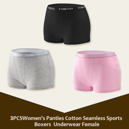 3Pcs Women's Panties Cotton Seamless Sports Boxers Underwear Female Solid Color Briefs Lingerie Intimate Underpant Finetoo S-XXL