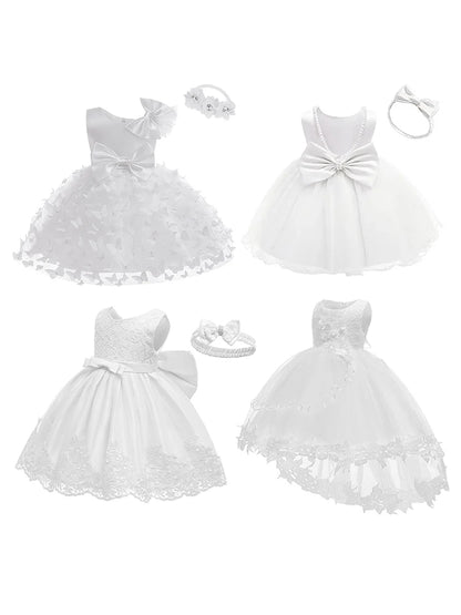 Weiße Blumenmädchenkleider für die Hochzeit, elegantes Kinder-Taufkleid und Kopfbedeckung, kurzärmelig, für Kinder, Kommunion, Geburtstagsfeier.