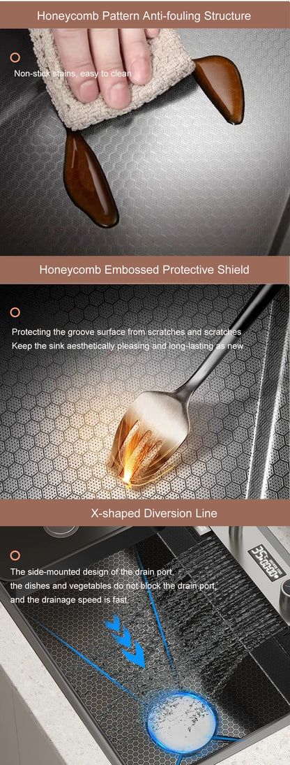 Stainless Steel Kitchen Sink with Hot Cold Pull Out Kitchen Sink Faucets Digital Large Single Bowl Waterfall Rain Kitchen Sinks