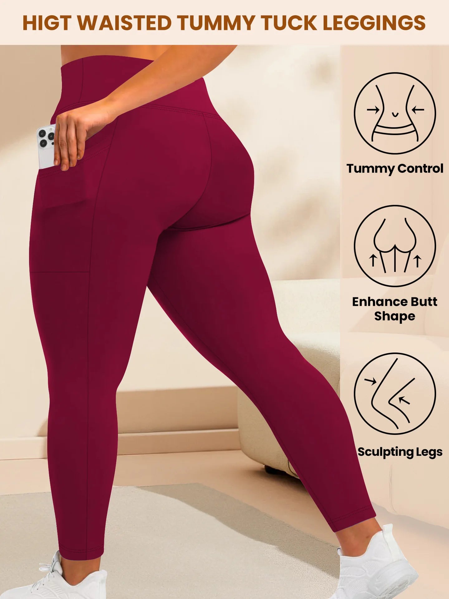 Women's High-Waisted Yoga Pants Plus Size Butt-Lifting Workout Leggings with Pockets Elastic Activewear for Gym & Running.