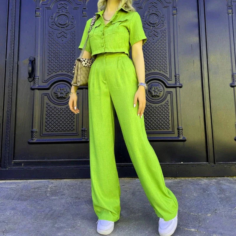Y2k Crop Tank Top & Wide Leg Pants Set Vest Green 2024 Matching Sets Summer Vintage Boho High Waist Loose Work Suit Streetwear.